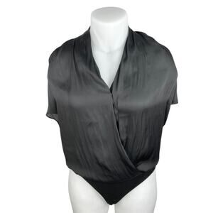 Paige Dijon Women's Black Short Futter Sleeve V Neck Wrap Bodysuit Blouse Top L